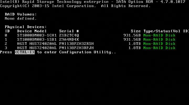 부팅 중 Press CTRL+I to enter Configuration Utility 안내문이 표시된 Intel RSTe POST 화면