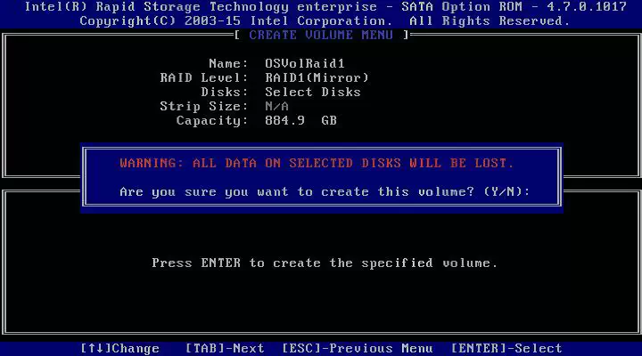 RAID 볼륨 생성 시 선택된 디스크의 데이터가 모두 삭제된다는 경고 메시지를 표시하는 Intel RSTe 화면