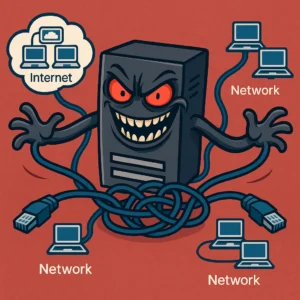 눈이 붉게 변한 미친 듯한 표정의 의인화된 서버가 세 개의 팔을 뻗어 서로 다른 네트워크 데이터를 마구 뒤섞고 있는 모습.