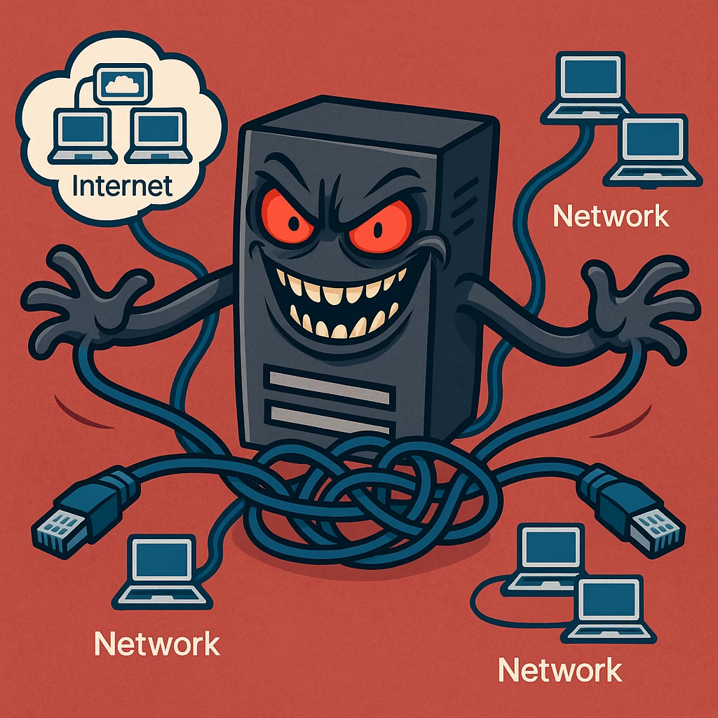 눈이 붉게 변한 미친 듯한 표정의 의인화된 서버가 세 개의 팔을 뻗어 서로 다른 네트워크 데이터를 마구 뒤섞고 있는 모습.