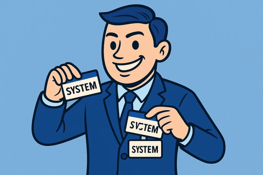 자신의 가슴에 달린 이름표를 몰래 바꿔치기하며 미소 짓는 모습.