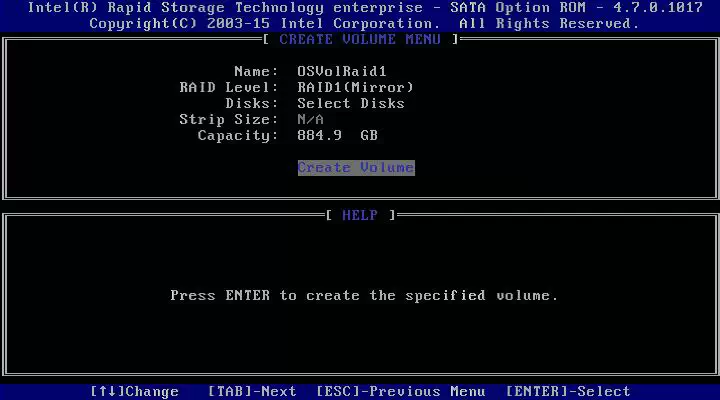 RAID1 볼륨 생성 설정을 완료한 Intel RSTe Create Volume 메뉴 화면