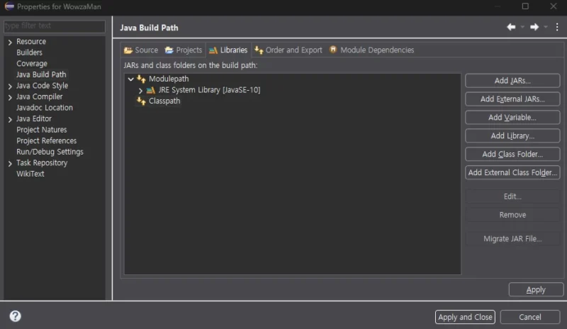 이클립스 프로젝트 프로퍼티의 Java Build Path를 선택한 모습. Libraries 가 선택되어 있다.