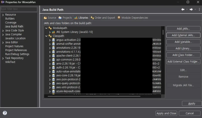 이클립스의 프로젝트 프로퍼티 화면으로 Java Build Path의 Classpath에 Wowza jar 파일들이 추가된 상태