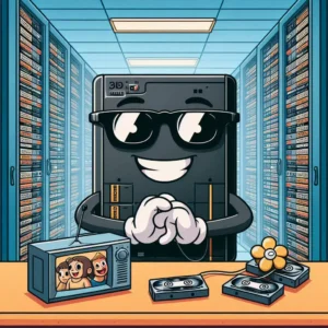 A smiling server A smiling server wearing black sunglasses in server room. Video tapes and television are in front of it.