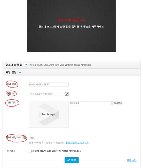 Screenshot of the channel settings page for a live streaming platform, with the message '방송 준비 중입니다' (Broadcast not started) displayed in red on a black preview screen. Below, under 'Channel Settings', the user can enter a channel name ('RAON GABIA TEST'), select screen resolution (FHD 1080p), upload a thumbnail image, and set the maximum number of simultaneous viewers (set to 1000). A checkbox option for enabling password-protected viewing is also available, along with a blue 'Save' button.