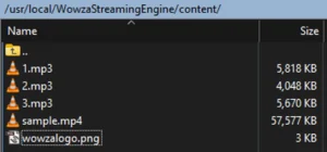 List of files to play /usr/local/WowzaStreamingEngine/content 에 1.mp3, 2.mp3, 3.mp3, sample.mp4, wowzalogo.png 파일이 있는 모습