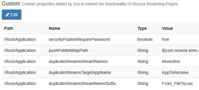 ModuleDuplicateStreams Properties 어플리케이션 사용자 정의 속성: duplicateStreamsStreamNames : MusicBox, duplicateStreamsTargetAppName : AppToReceive, duplicateStreamsStreamNameSuffix : From_FileToLive