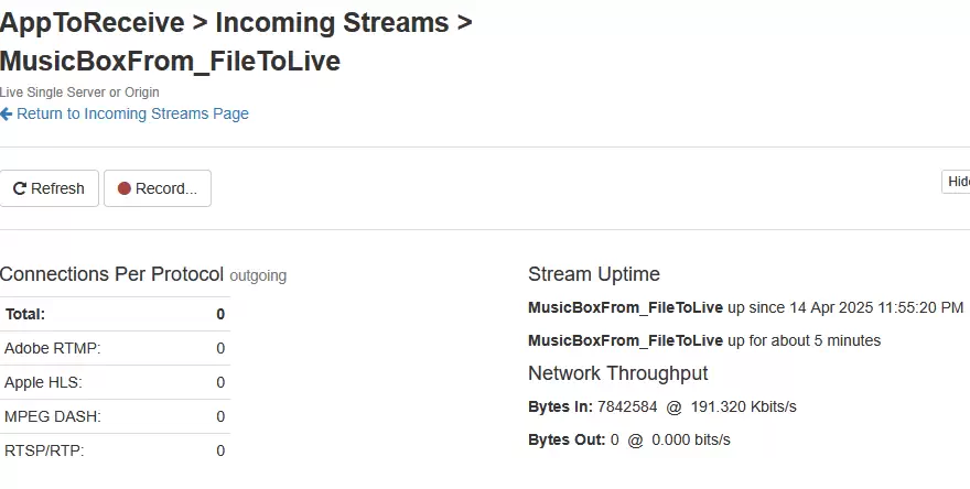 Receving Duplicated stream 복제된 MusicBoxFrom_FileToLive 스트림이 191.320Kbits/s 로 수신되고 있는 모습