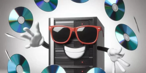 Smilling server with sunglasses throwing CDs