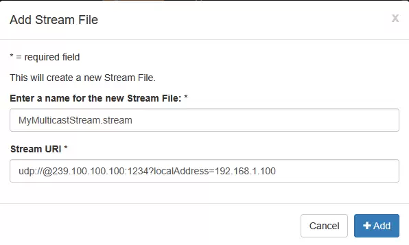 Streamfile for Multicast with Interface 스트림파일에서 랜카드를 지정하기 위해 localaddress=192.168.1.100 의 주소를 입력했다.