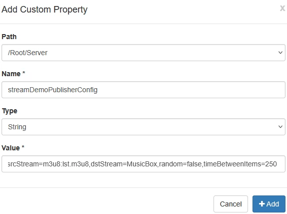 WSE streamDemoPuslibherConfig Value Add Custom Property의 Value 항목이 채워진 그림