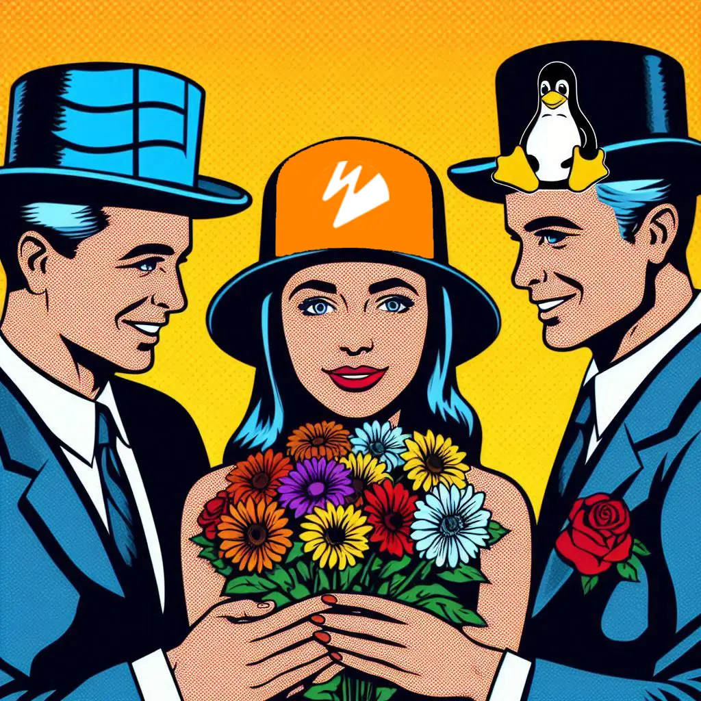 Windows VS Linux for Wowza 1 Wowza Streaming Engine comparison with Windows and Linux – pop art style image showing a woman wearing a Wowza logo hat holding flowers, standing between two men symbolizing Windows and Linux operating systems.