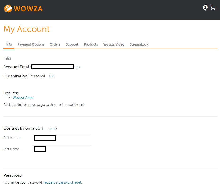 Wowza Portal 와우자 포털에 접속한 모습으로 계정정보가 표시되고 있다.