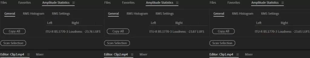Audtion Loudness Result Amplitude Statistics panels from Adobe Audition showing ITU-R BS.1770-3 loudness levels for three MP4 clips: Clip3.mp4 at -23.76 LUFS, Clip2.mp4 at -23.87 LUFS, Clip1.mp4 at -23.65 LUFS.