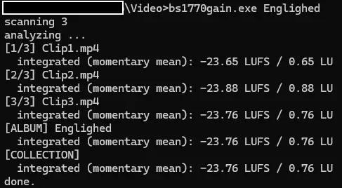 BS1770 Loudness Result BS1770GAIN loudness analysis showing three MP4 clips with integrated loudness around -23.7 LUFS. Album and collection loudness also measured at -23.76 LUFS.