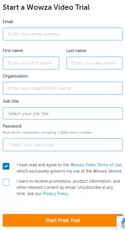 Wowza Signup 와우자 비디오 체험 신청 양식, 이메일, 이름, 조직, 직함 및 비밀번호 입력란이 포함되어 있음.