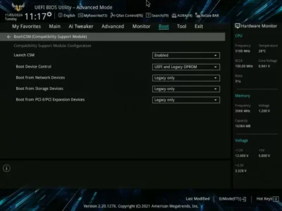 09 BIOS CSM Asus 메인보드 펌웨어의 CSM 설정 화면