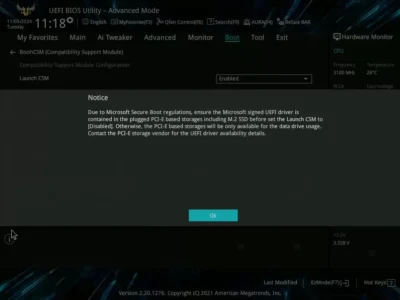 10 BIOS ALERT Asus 메인보드 펌웨어의 CSM 설정시 경고 화면
