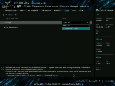11 Secure Boot Asus 메인보드 펌웨어의 Secure Boot 설정 화면