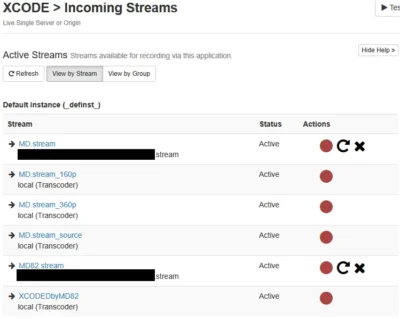 와우자 Incoming Streams 목록에 XCODEDbyMD82 스트림이 생성된 모습