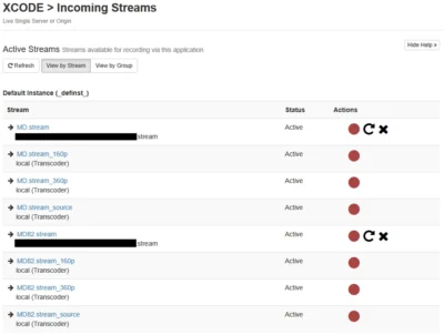 와우자 UI의 Incoming Streams 메뉴 모습. 두개의 입력 스트림과 6개의 출력 스트림이 표시되고 있다.