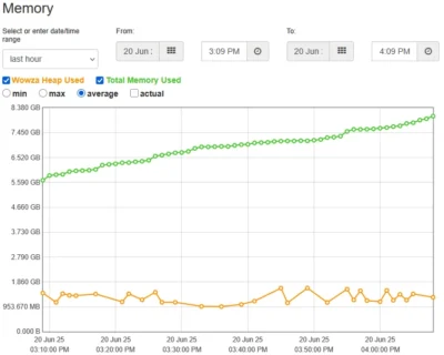 Wowza Memory Rose 와우자 스트리밍 엔진의 메모리 사용량이 약 1시간동안 약 2.5Gbyte 증가한 그래프