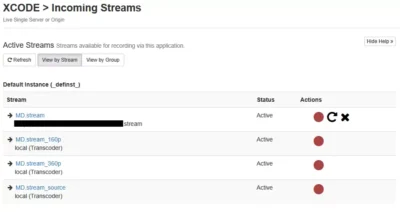 Wowza Transcoder Outputs Incoming Streams에서 확인한 트랜스코드 스트림 목록. MD.stream_160p, MD.stream_360p, MD.stream_source 가 생성되었다.