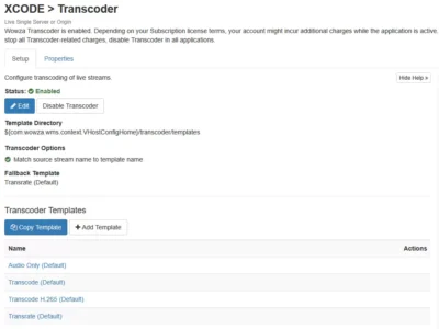 Wowza Transcoder UI 와우자 트랜스코더의 UI. 활성화 되어 있으며, 템플릿 경로, 트랜스코더 옵션, 템플릿 목록이 표시되어 있다.