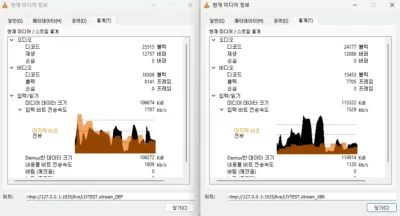 두 스트림의 비트레이트 그래프와 데이터 크기에 확연한 차이가 보인다.